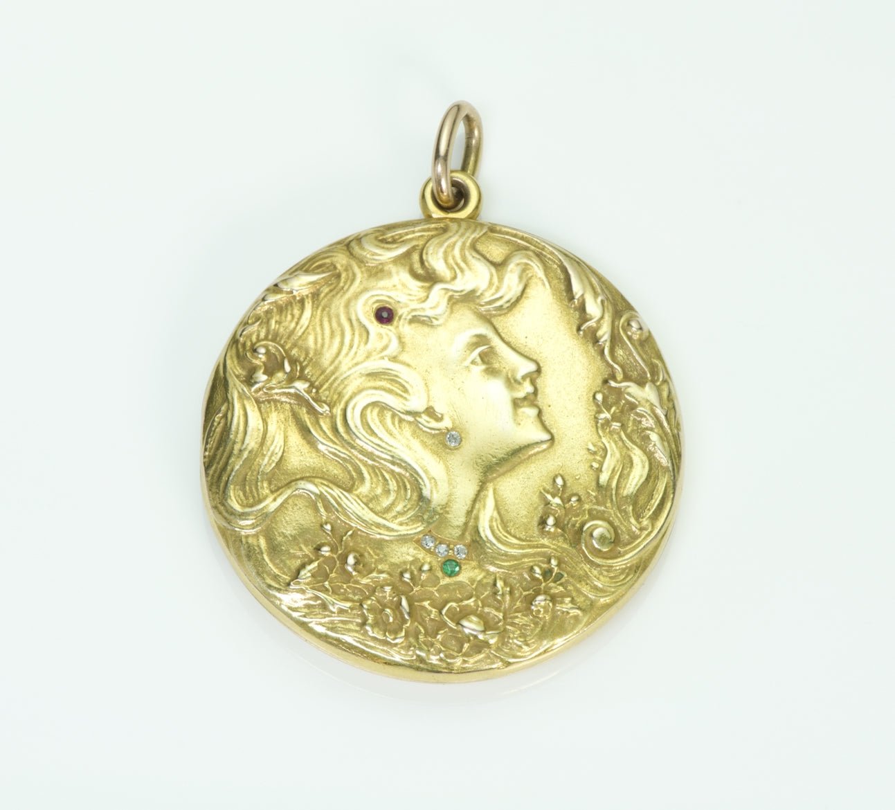 Art Nouveau Locket Pendant Gold Diamond Emerald Ruby