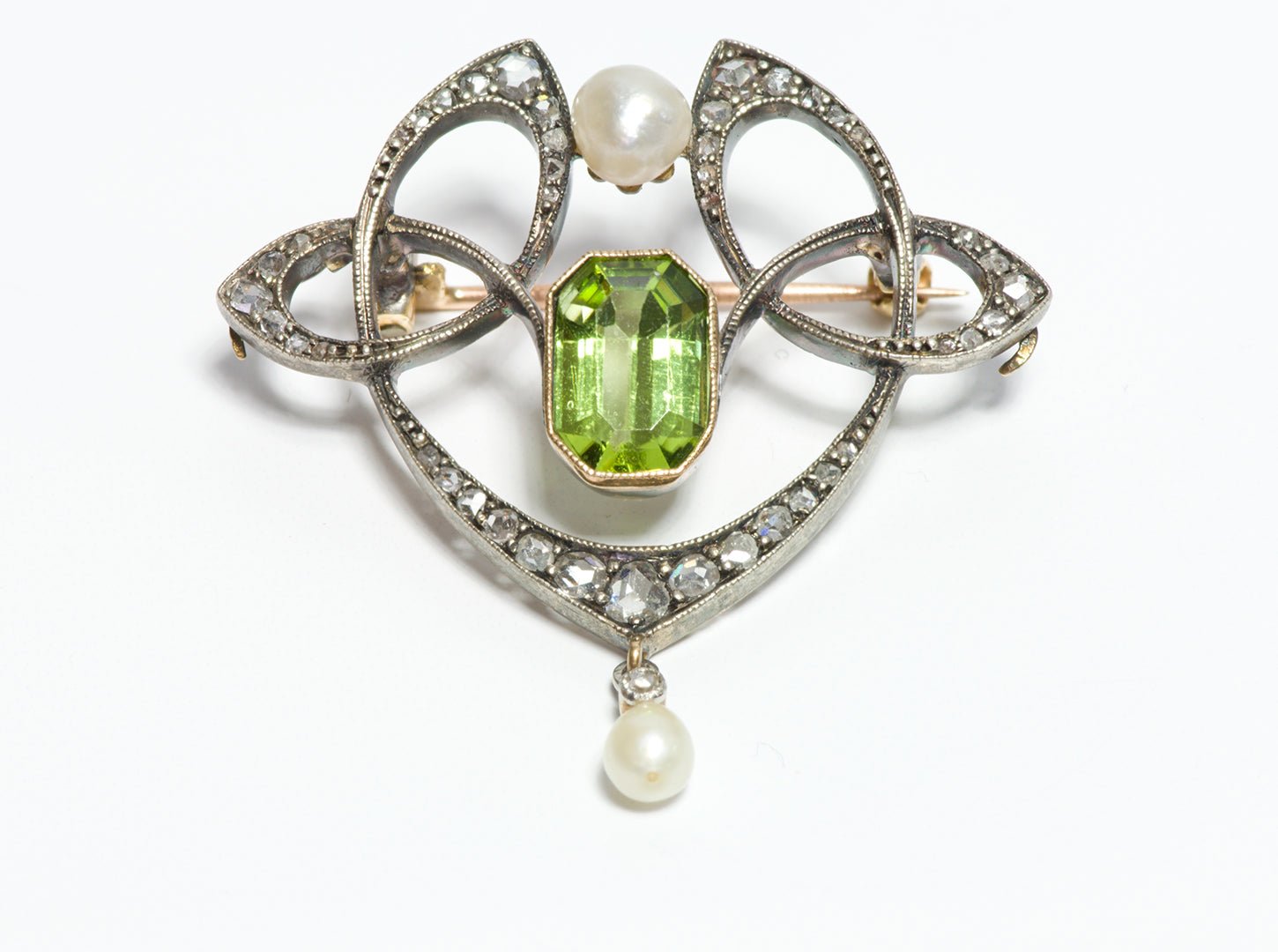 Art Nouveau Peridot Diamond Natural Pearl Pendant Brooch - DSF Antique Jewelry
