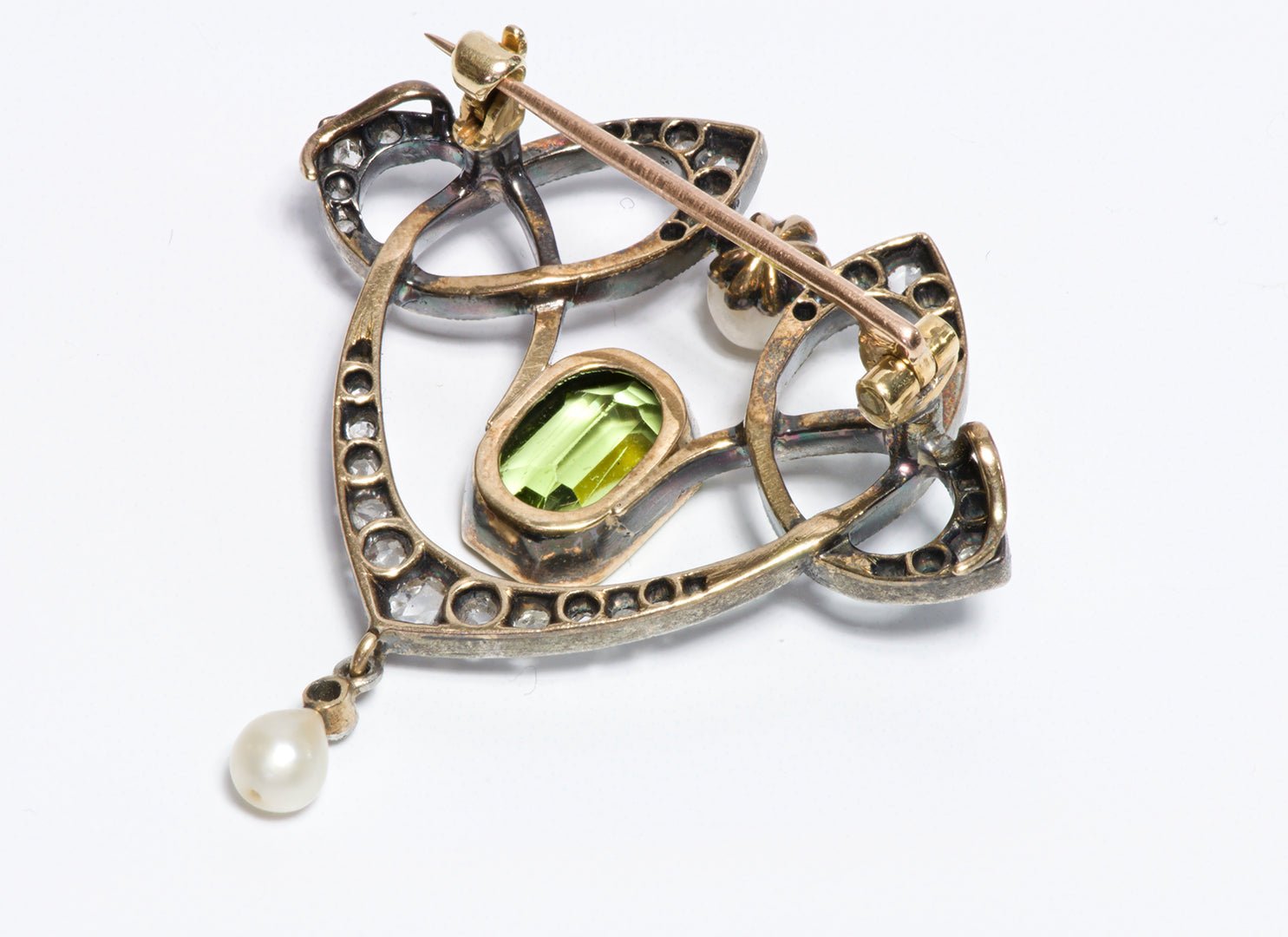 Art Nouveau Peridot Diamond Natural Pearl Pendant Brooch - DSF Antique Jewelry