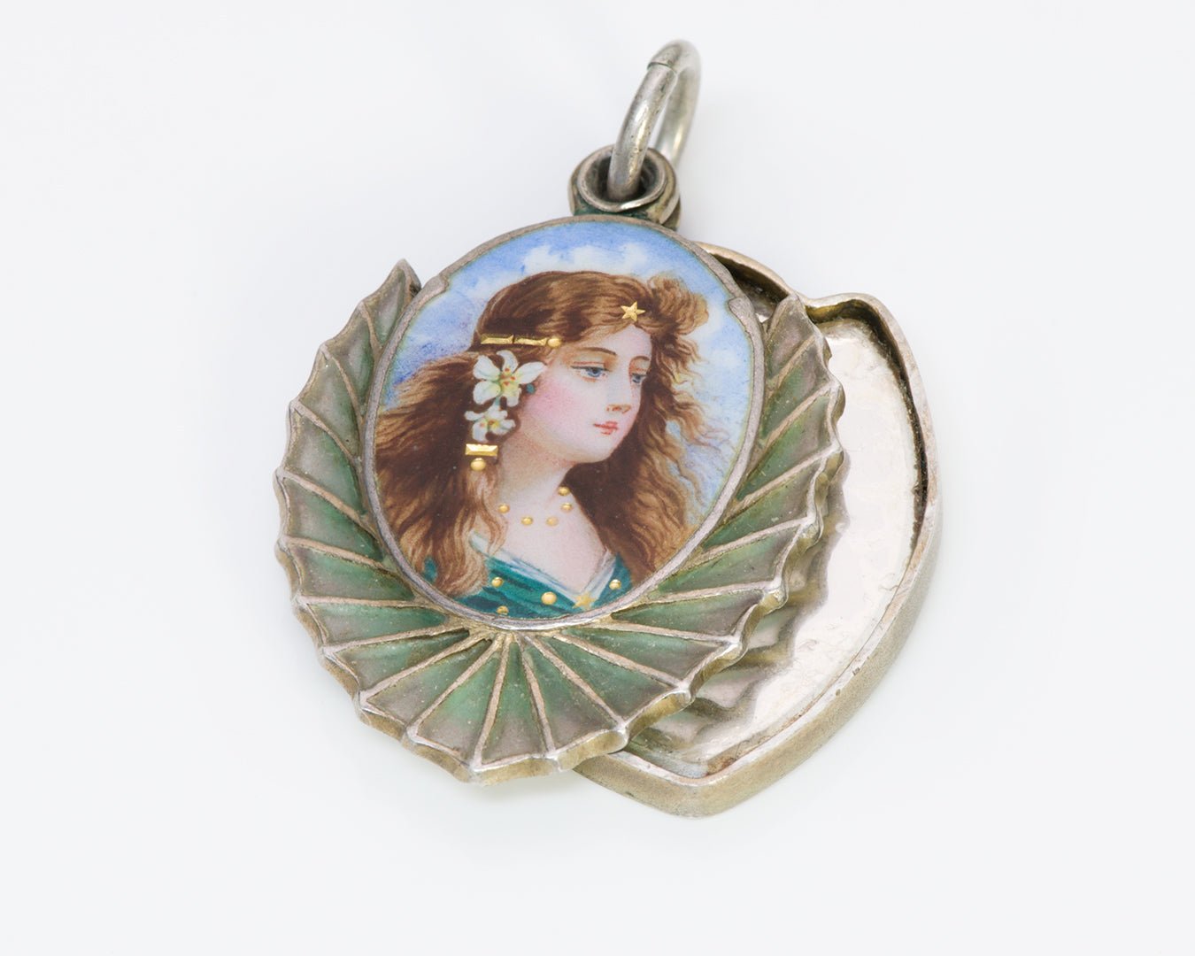 Art Nouveau Plique a Jour Enamel Mirror Locket Pendant - DSF Antique Jewelry