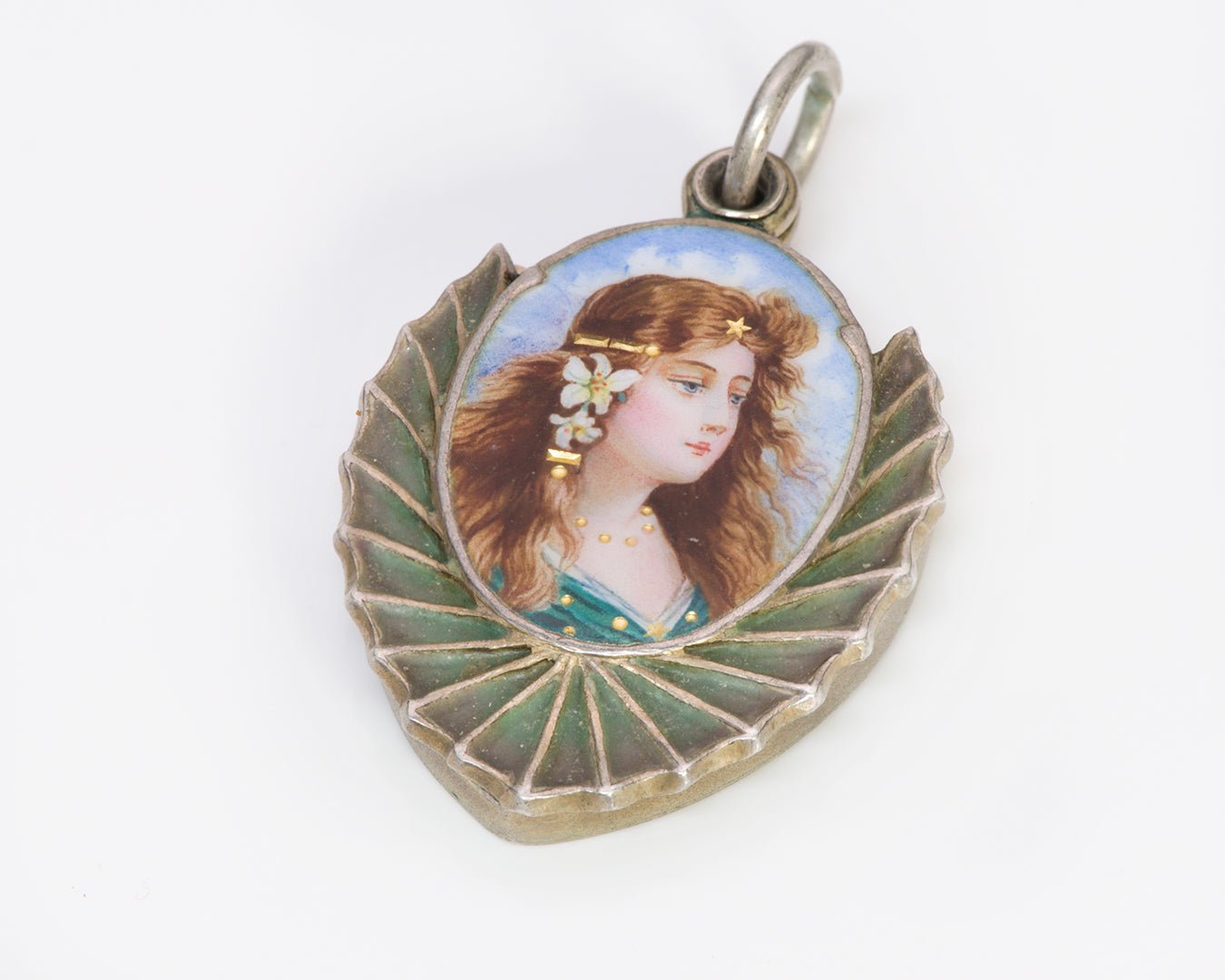 Art Nouveau Plique a Jour Enamel Mirror Locket Pendant - DSF Antique Jewelry