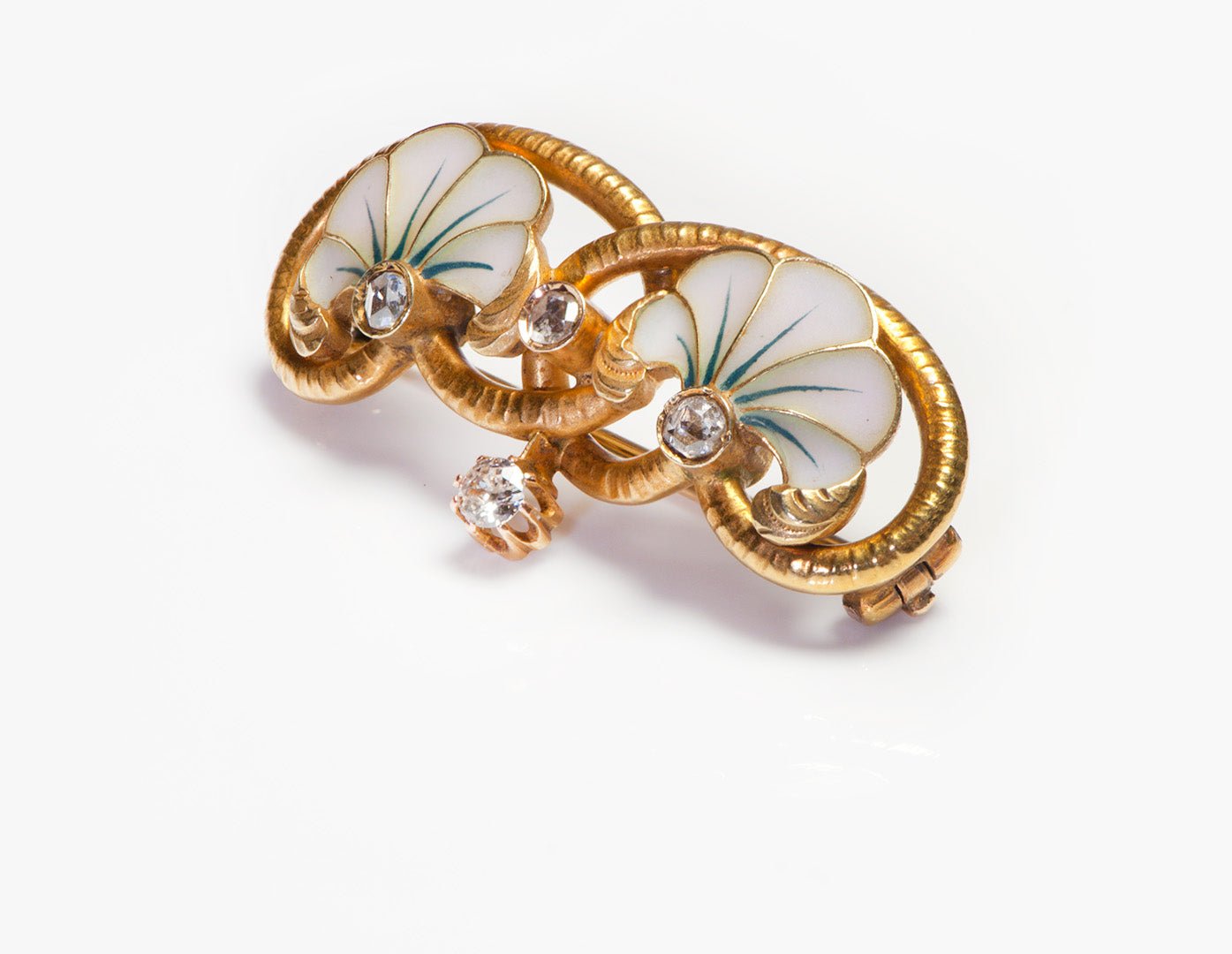 Art Nouveau Plique a Jour Gold Rose Cut Diamond Brooch - DSF Antique Jewelry