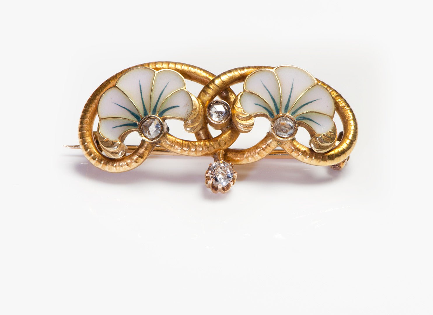 Art Nouveau Plique a Jour Gold Rose Cut Diamond Brooch