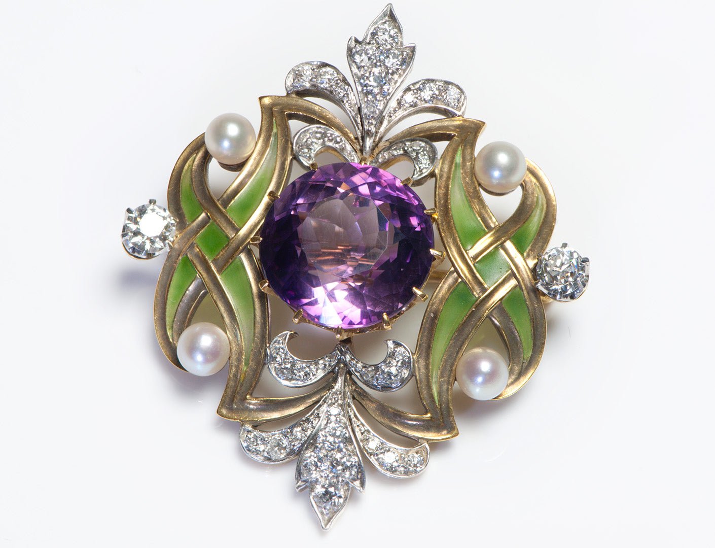 Art Nouveau Shreve & Co. 18K Gold Plique a Jour Amethyst Diamond Pearl Brooch