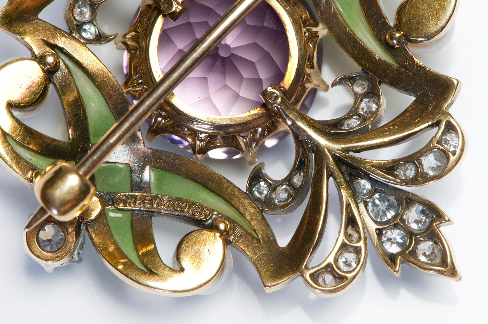 Art Nouveau Shreve & Co. 18K Gold Plique a Jour Amethyst Diamond Pearl Brooch - DSF Antique Jewelry