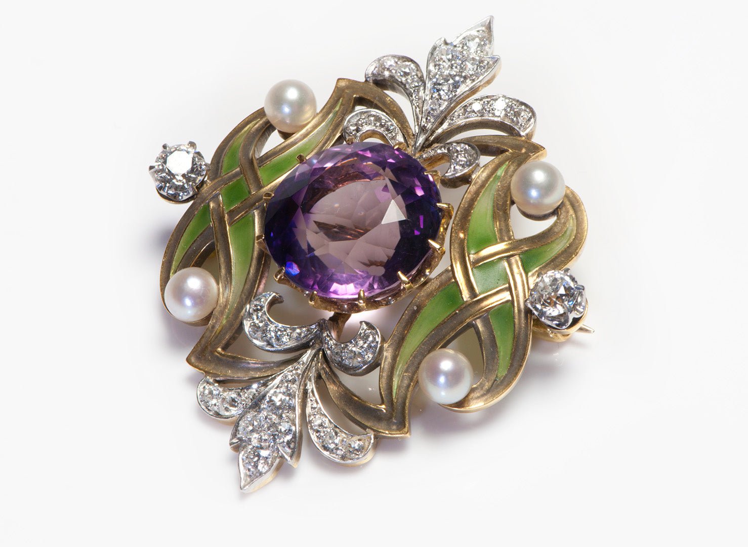 Art Nouveau Shreve & Co. 18K Gold Plique a Jour Amethyst Diamond Pearl Brooch