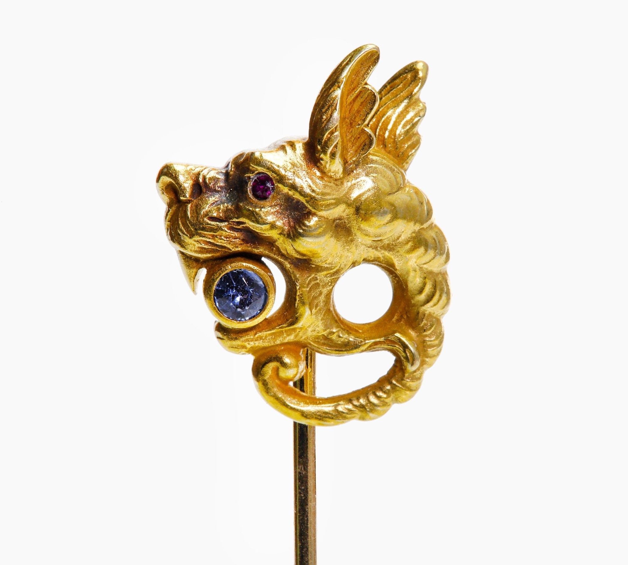 Art Nouveau Yellow Gold Sapphire Ruby Griffin Stick Pin - DSF Antique Jewelry