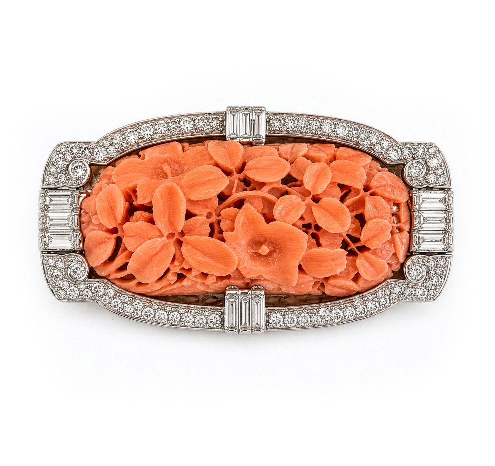 Art Deco Carved Coral Diamond Brooch
