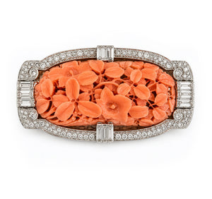 Art Deco Carved Coral Diamond Brooch