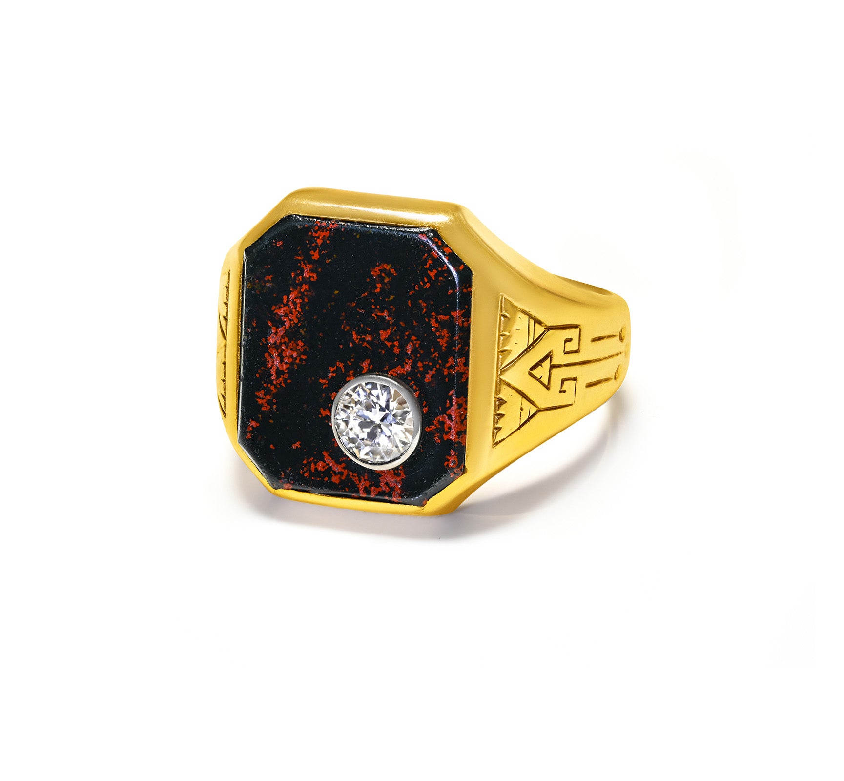 Art Deco Gold Bloodstone Diamond Men's Ring