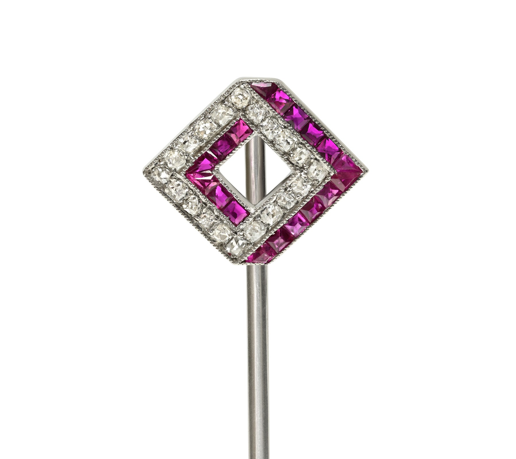Art Deco Ruby Diamond Platinum Geometric Stick Pin