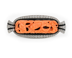 Art Deco Platinum Coral Fish Brooch with Diamonds and Black Enamel