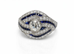 Vintage Platinum Ring Diamond and Calibre-Cut Sapphires