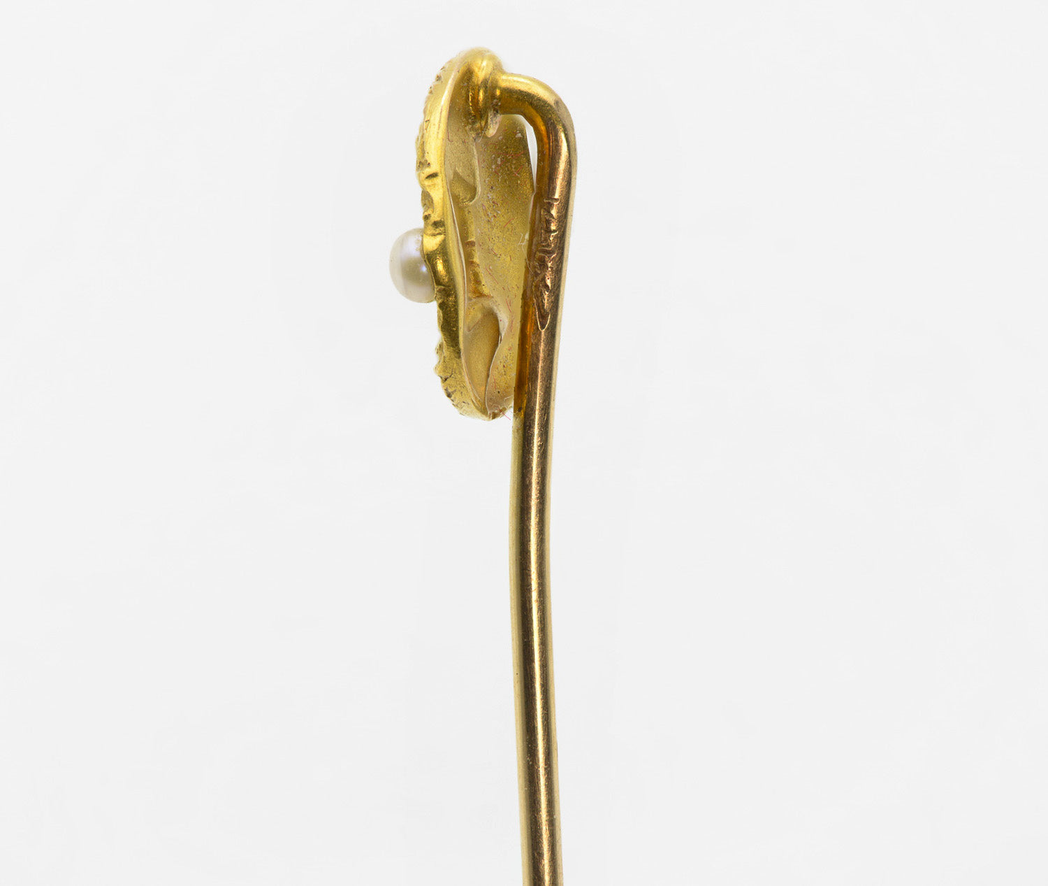 Art Nouveau Gough & Co Gold Stick Pin with Pearl and Lady Design