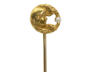 Art Nouveau Gough & Co Gold Stick Pin with Pearl and Lady Design