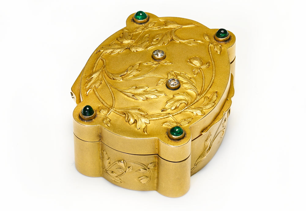 Ornate Art Nouveau 18K Gold Box Set with Emeralds and Diamonds