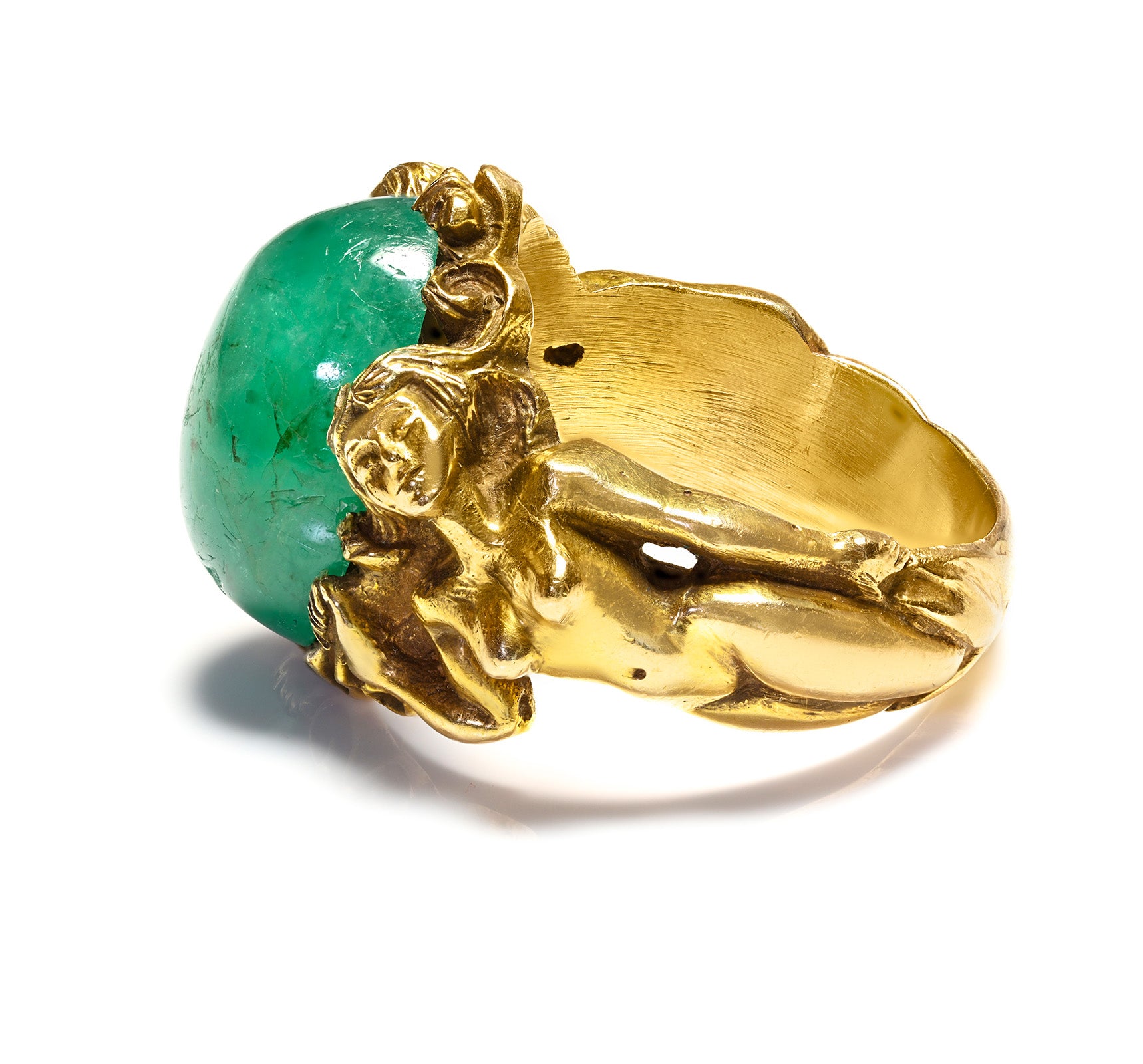 Art Nouveau Gold Emerald Erotic Nude Ring 