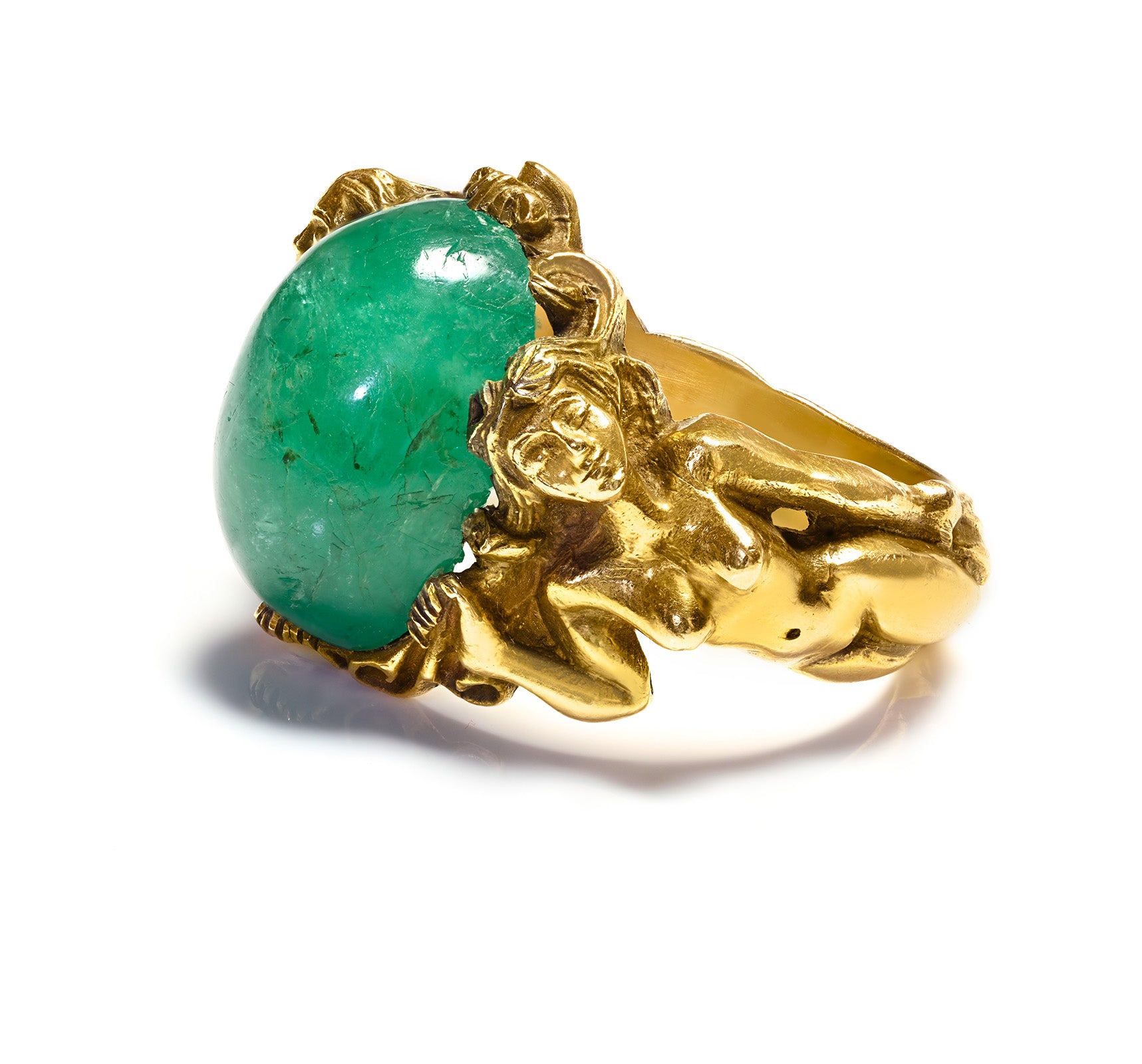 Art Nouveau Gold Emerald Erotic Nude Lady Ring 