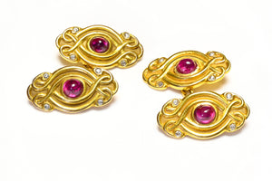 Antique Art Nouveau Gold Cabochon Ruby and Diamond Cufflinks