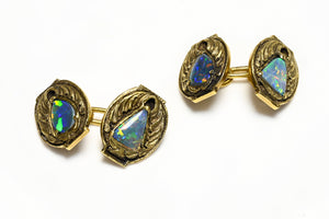 Art Nouveau Gold Black Opal Cufflinks Signed Walter