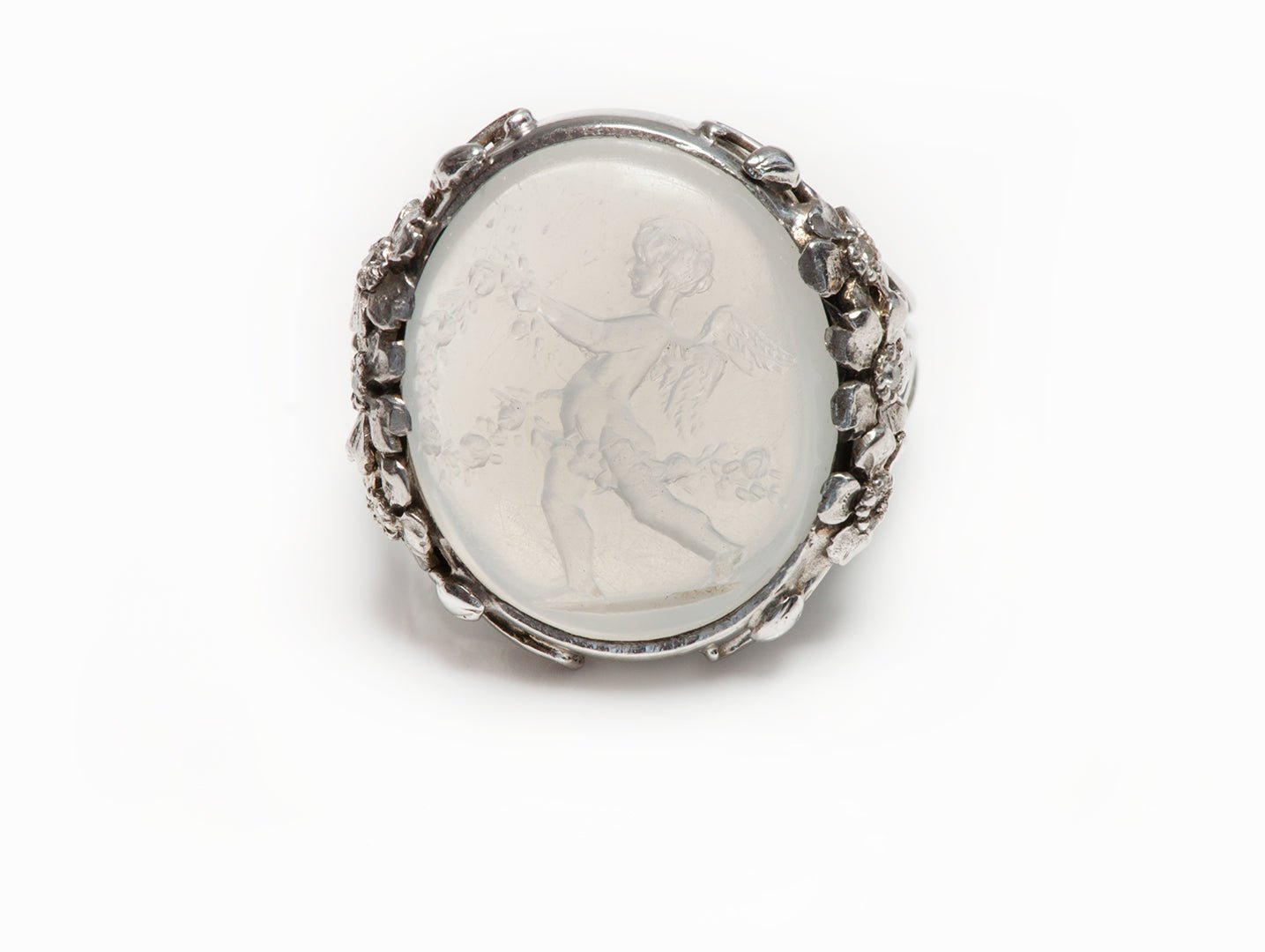 Arts & Crafts Platinum Carved Moonstone Cherub Intaglio Diamond Ring - DSF Antique Jewelry