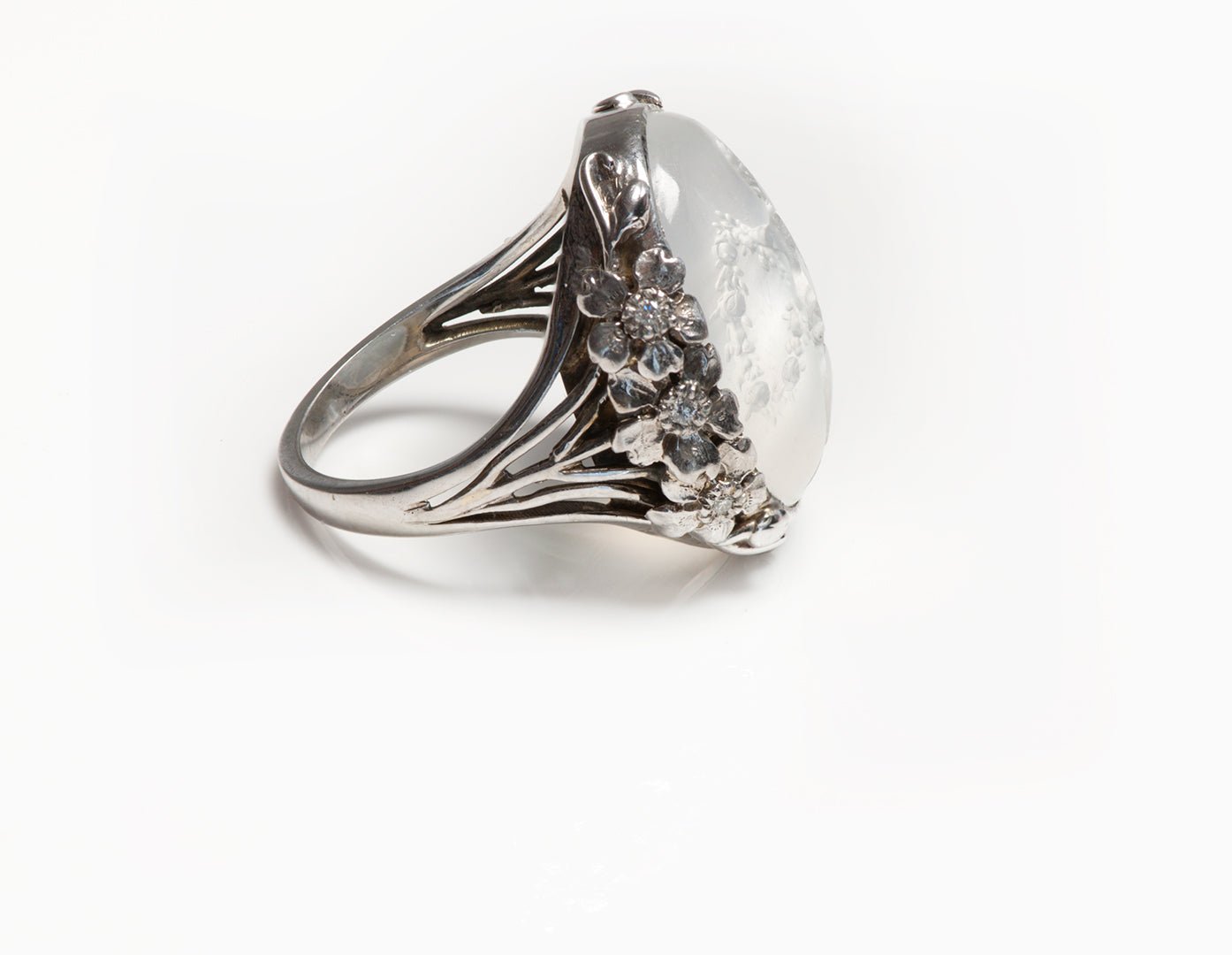 Arts & Crafts Platinum Carved Moonstone Cherub Intaglio Diamond Ring - DSF Antique Jewelry
