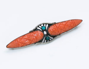Arts and Crafts Silver Coral Chrysoprase Brooch