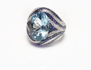 Asprey 18K Gold Blue Topaz Sapphire & Diamond Ring