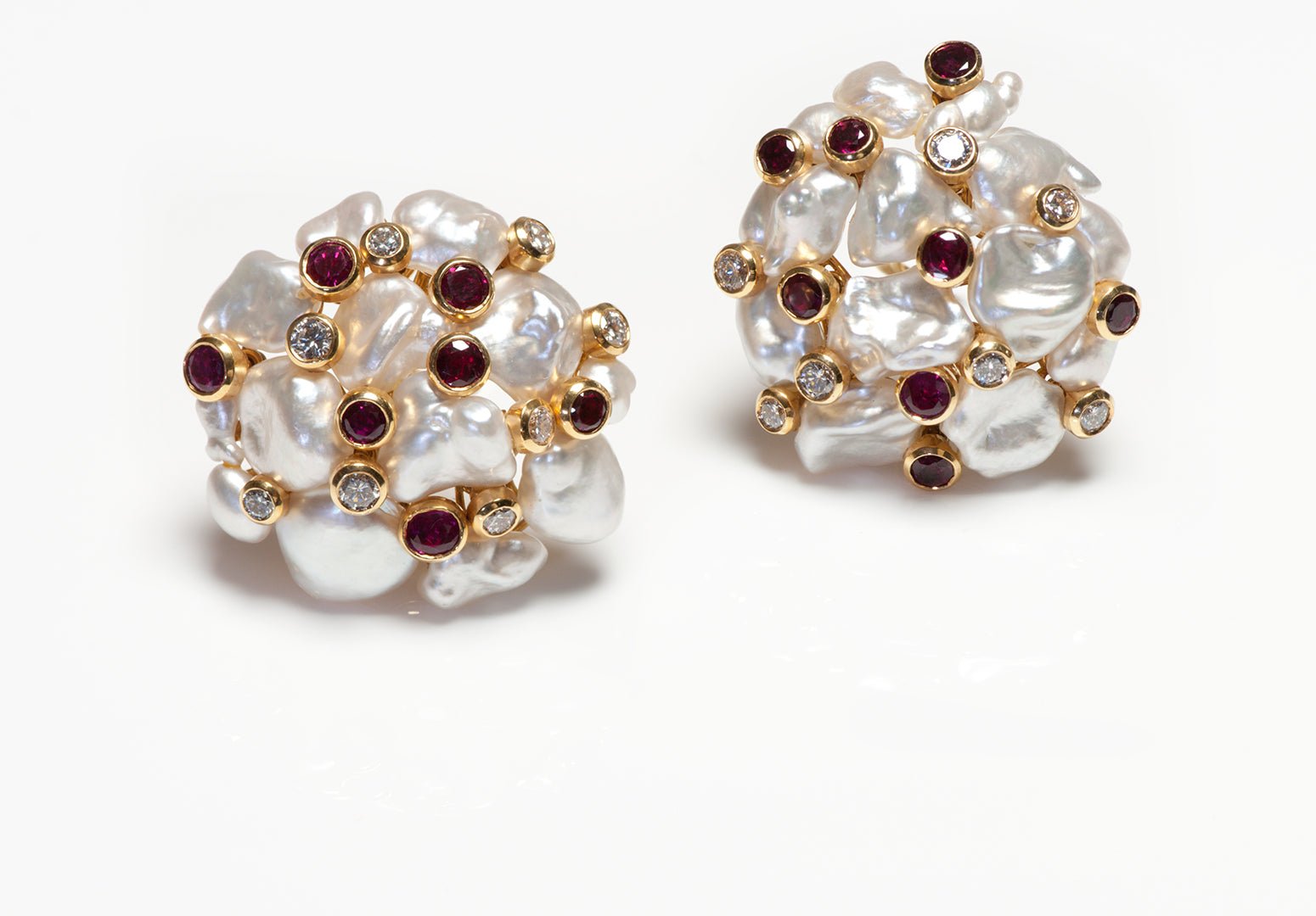 Asprey 18K Gold Diamond Ruby & Keshi Pearl Earrings - DSF Antique Jewelry