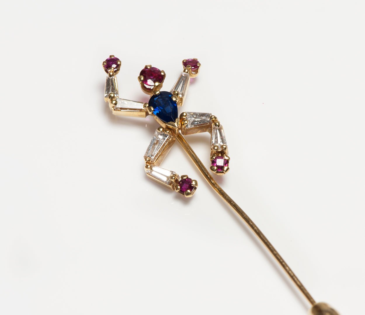 Asprey 18K Gold Diamond Ruby & Sapphire Dancing Man Stick Pin