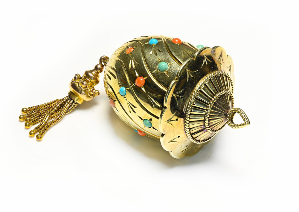 Vintage Asprey 14K Gold Pomander with Tassel Turquoise and Coral