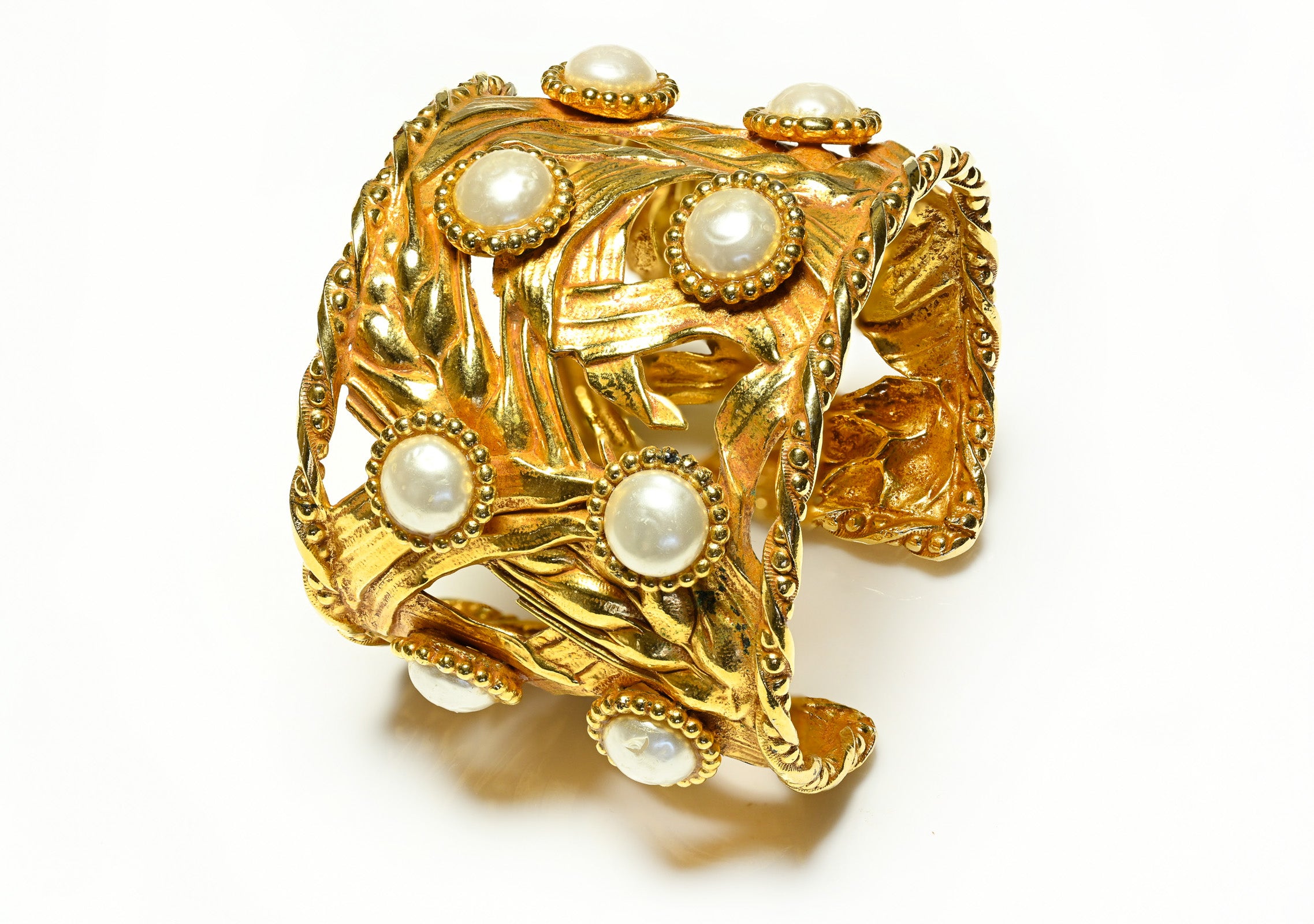 Vintage Dominique Aurientis Wide Pearl Wheat Cuff Bracelet