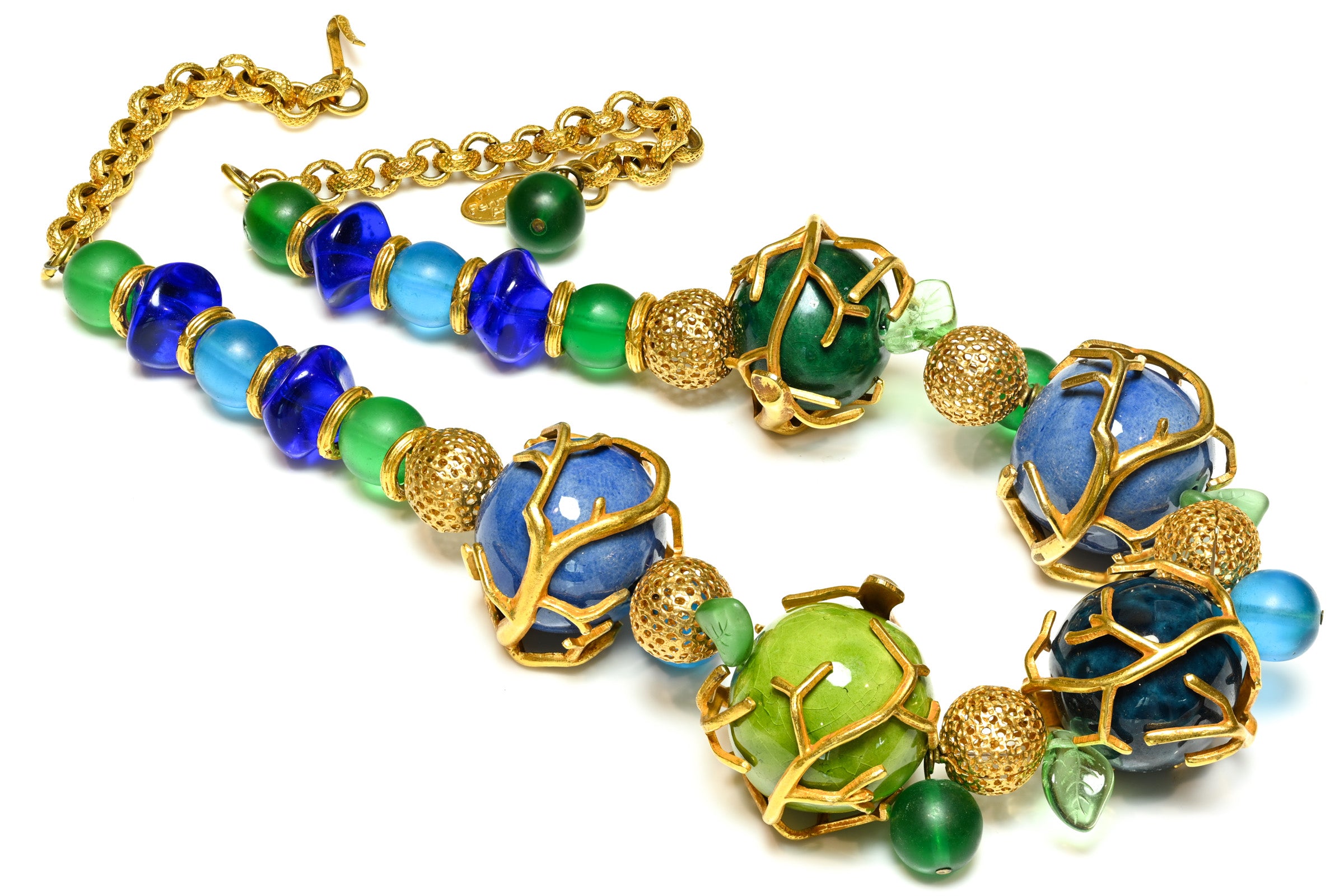 Philippe Ferrandis Paris Oversized Blue and Green Bead Statement Necklace