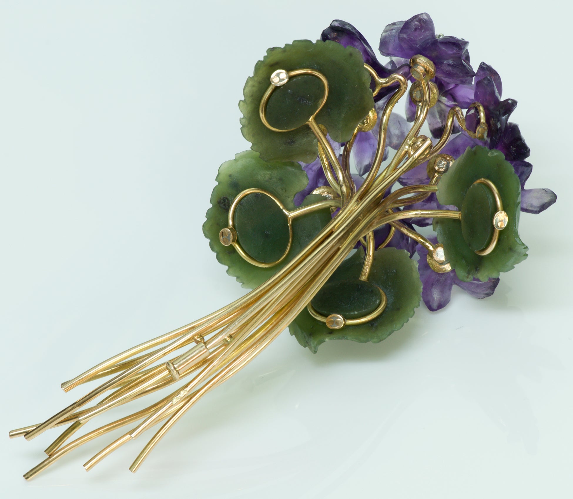 Austrian Carved Amethyst Jade & Diamond Flower Gold Brooch