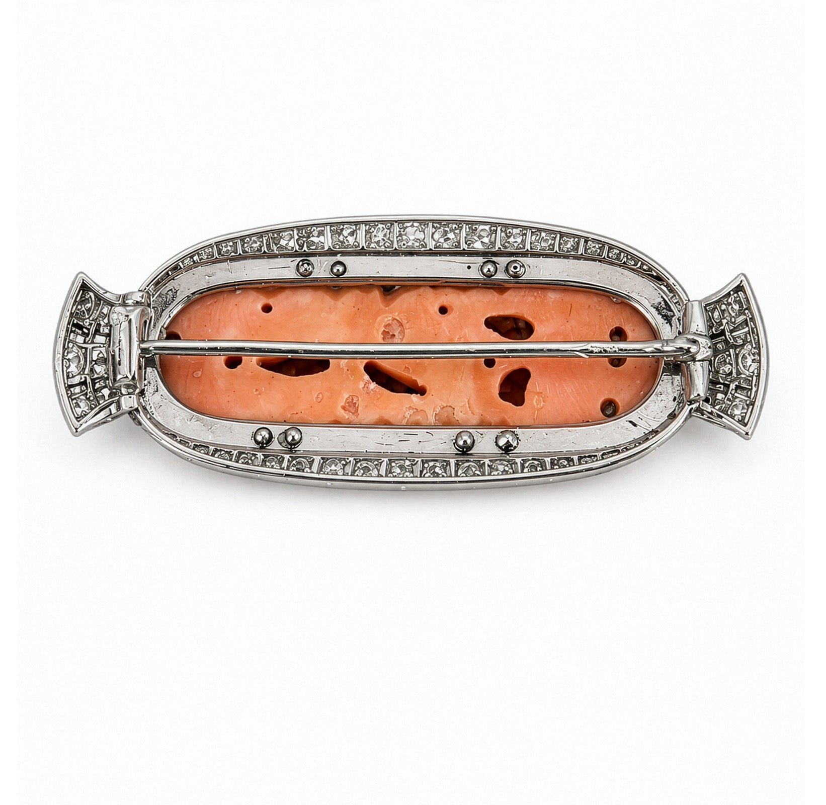 Art Deco Platinum Coral Fish Brooch with Diamonds and Black Enamel