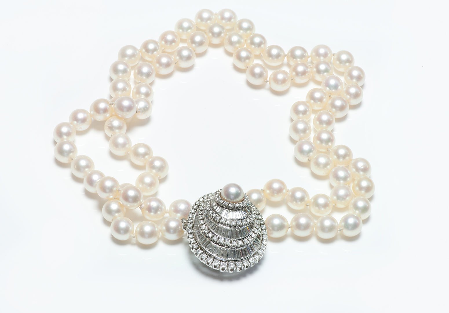 Baguette & Brilliant Cut Diamond Pearl Necklace - DSF Antique Jewelry