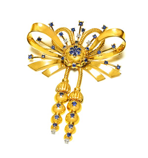 Bailey Banks & Biddle 1940s Gold Bow Tassel Brooch Pendant Diamonds, Sapphires