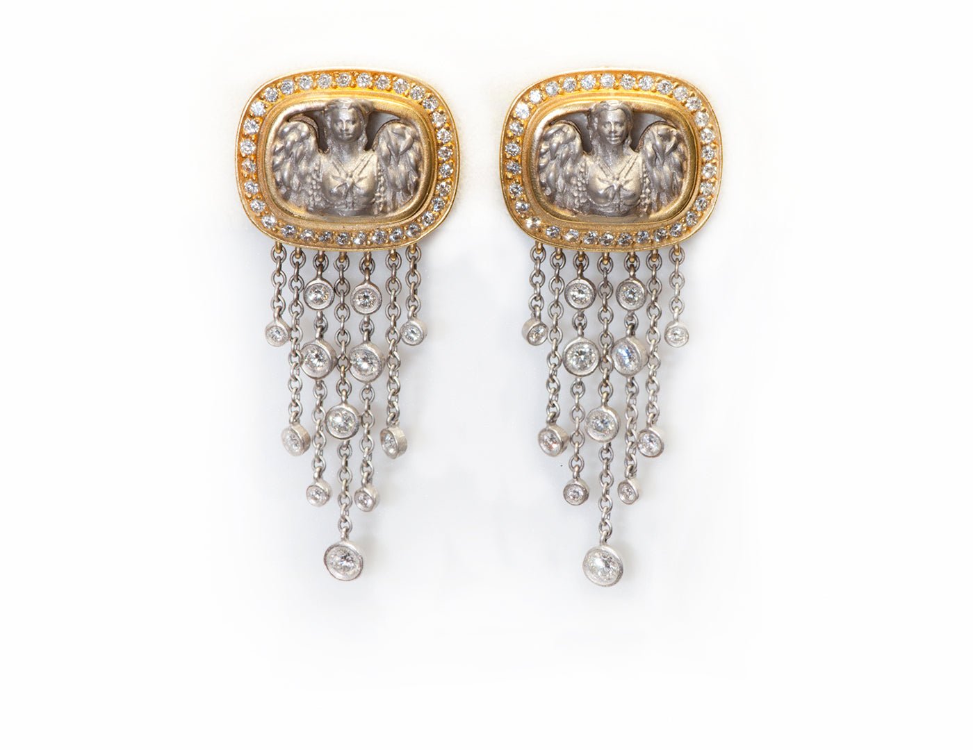 Barry Kieselstein Cord Gold Platinum Diamond Angel in My Window Drop Earrings - DSF Antique Jewelry