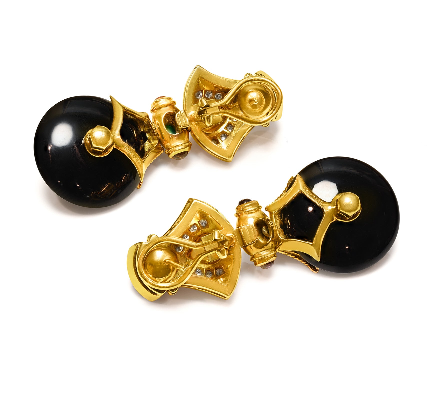 Vintage Baten 18K Gold Onyx Diamond Gemstone Drop Earrings