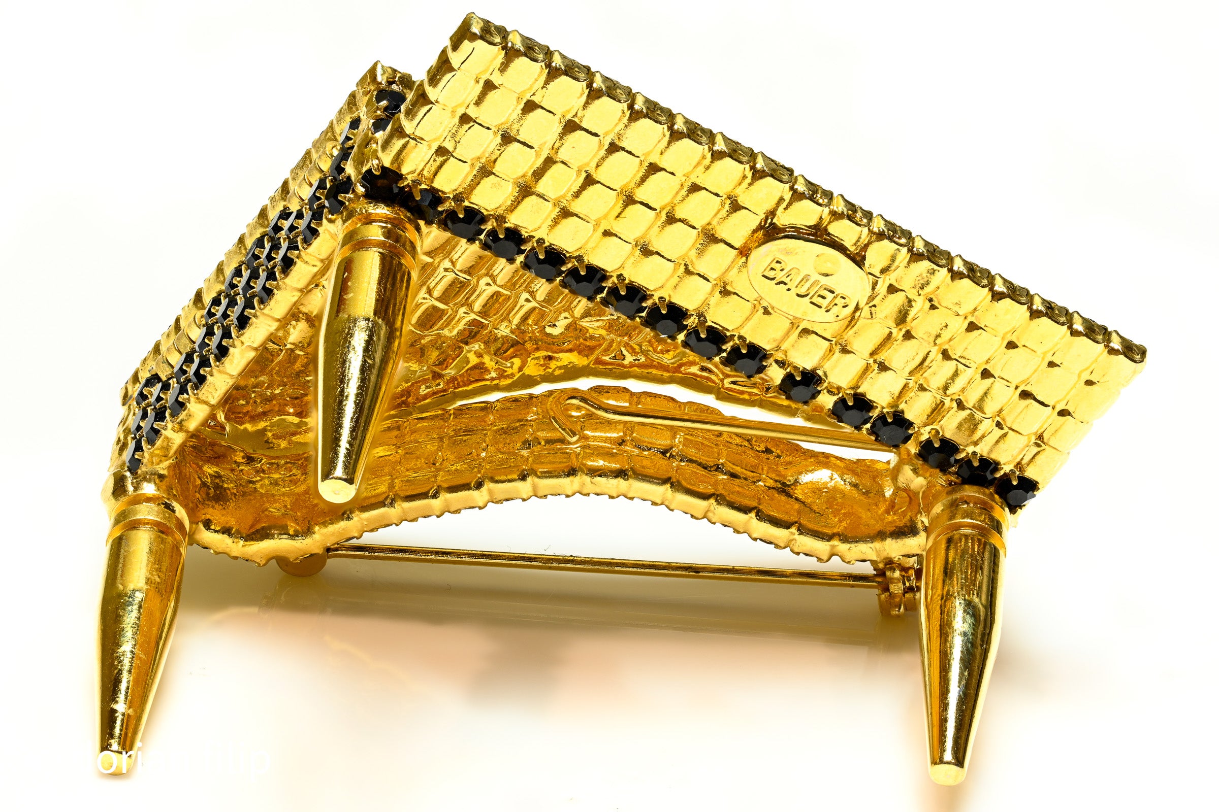 Vintage Bauer Gold Plated Black Crystal Piano Brooch 4