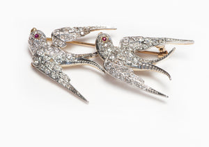 Belle Époque Old Mine Cut Diamond Bird Brooch in Platinum and Gold