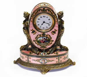 Decorative Belle Époque Miniature Clock – Bronze, Silver Guilloché Enamel Details