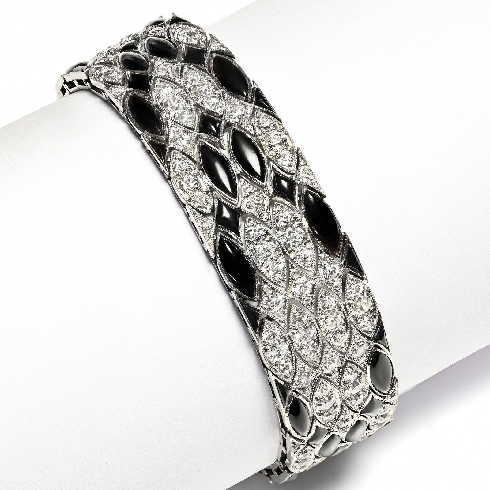 Antique Belle Epoque Platinum Diamond Onyx Bracelet