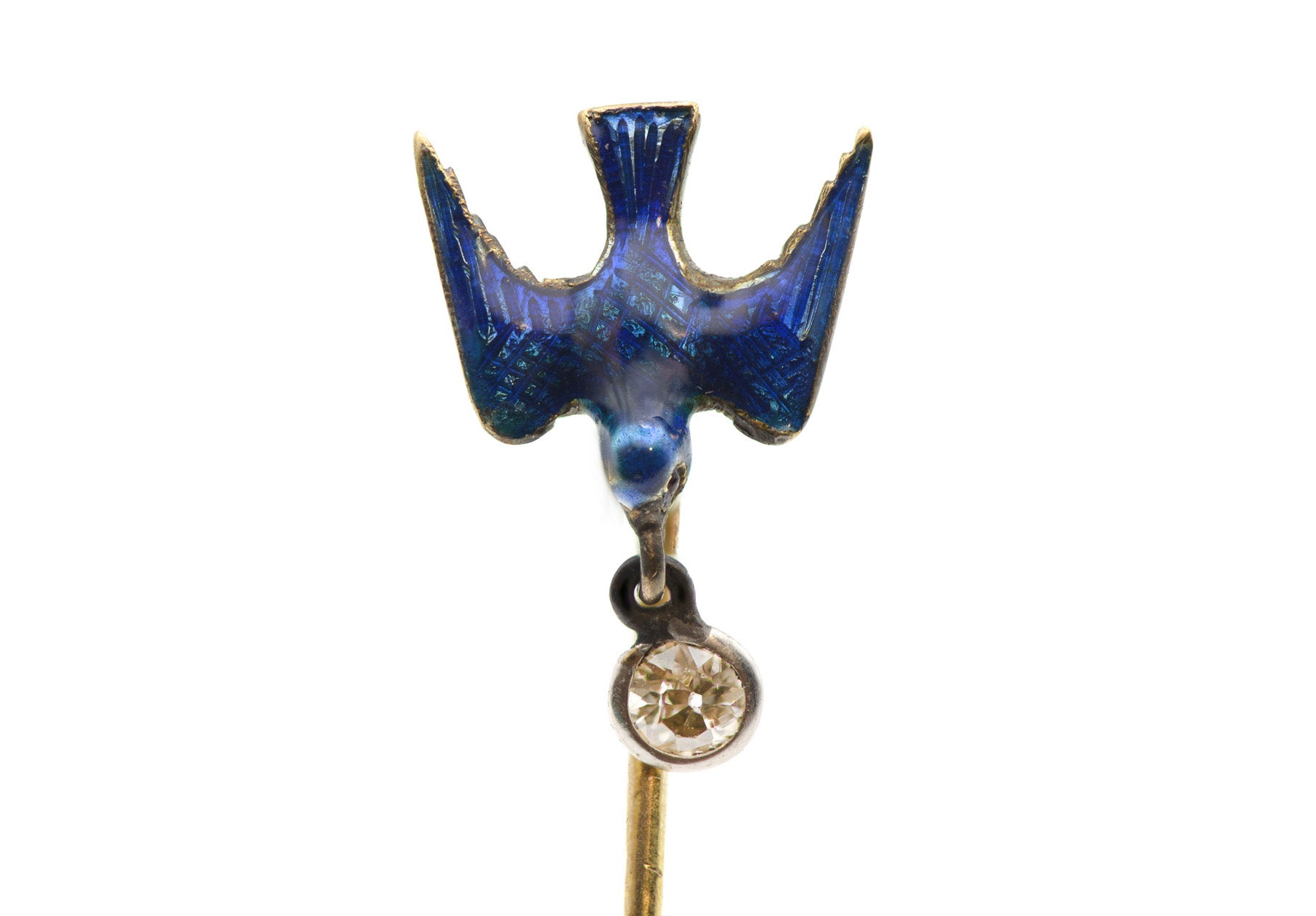 Antique Gold Blue Enamel Diamond Bird Stick Pin
