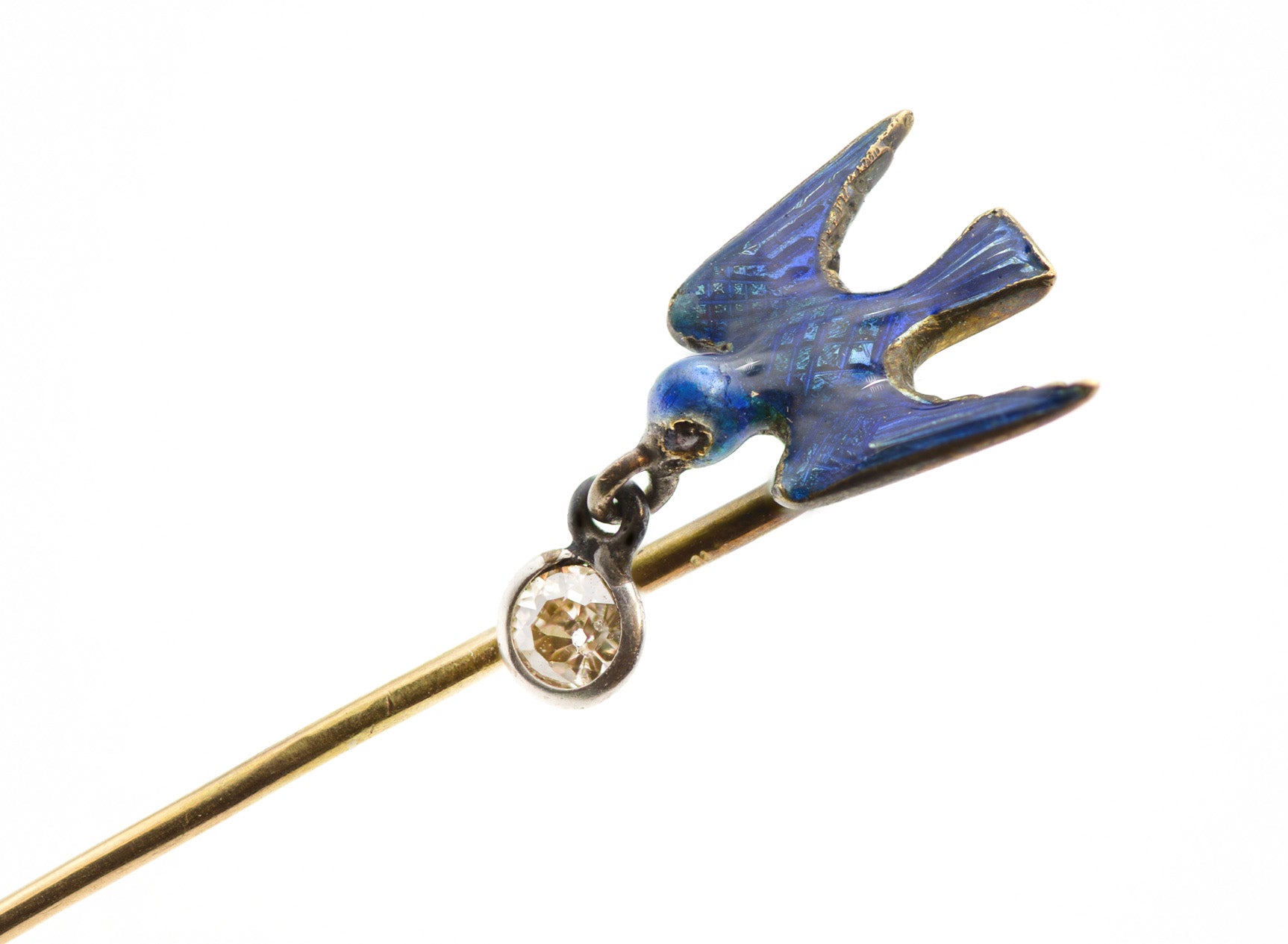 Antique Gold Blue Enamel Diamond Bird Stick Pin