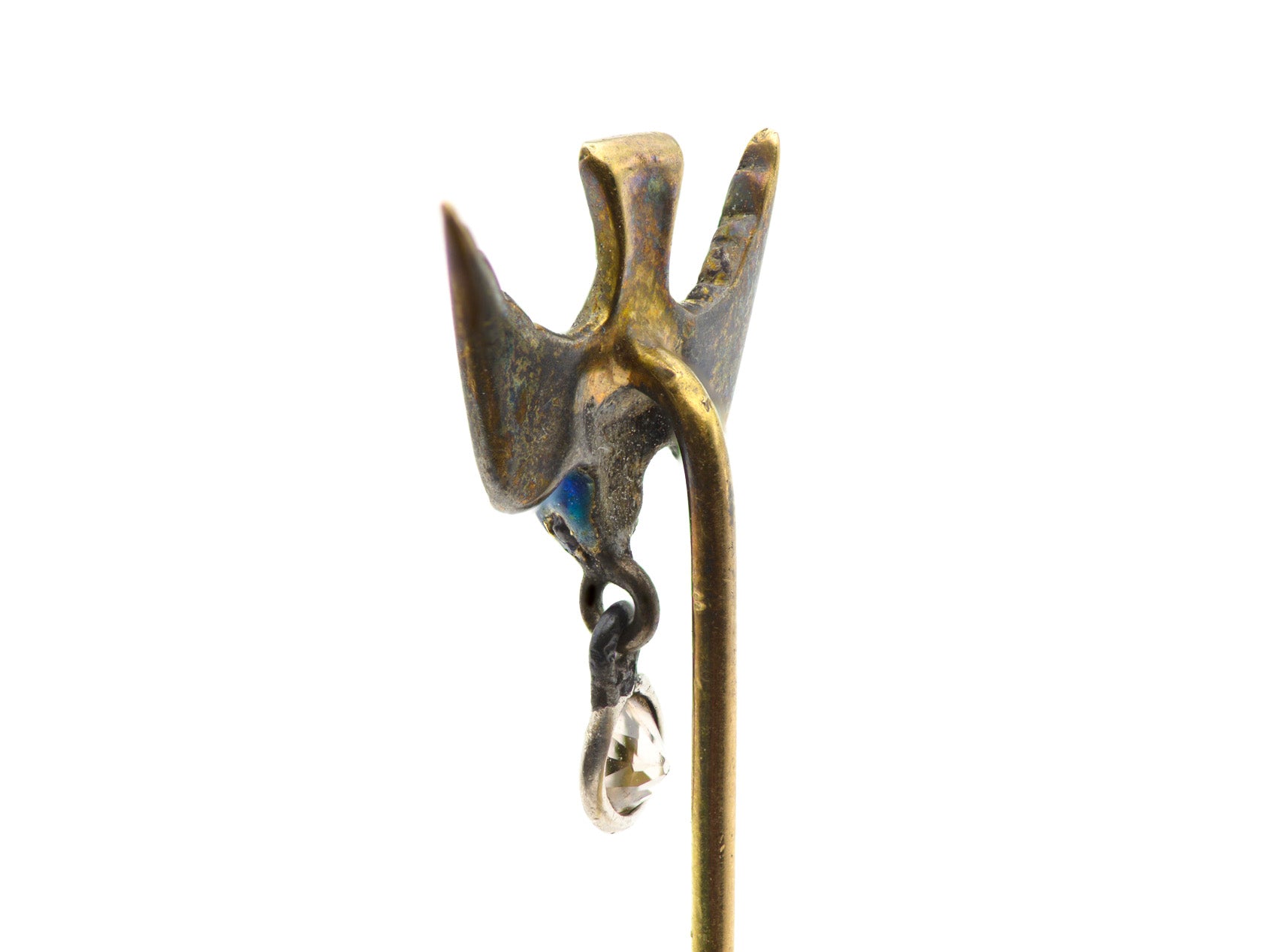 Antique Gold Blue Enamel Diamond Bird Stick Pin