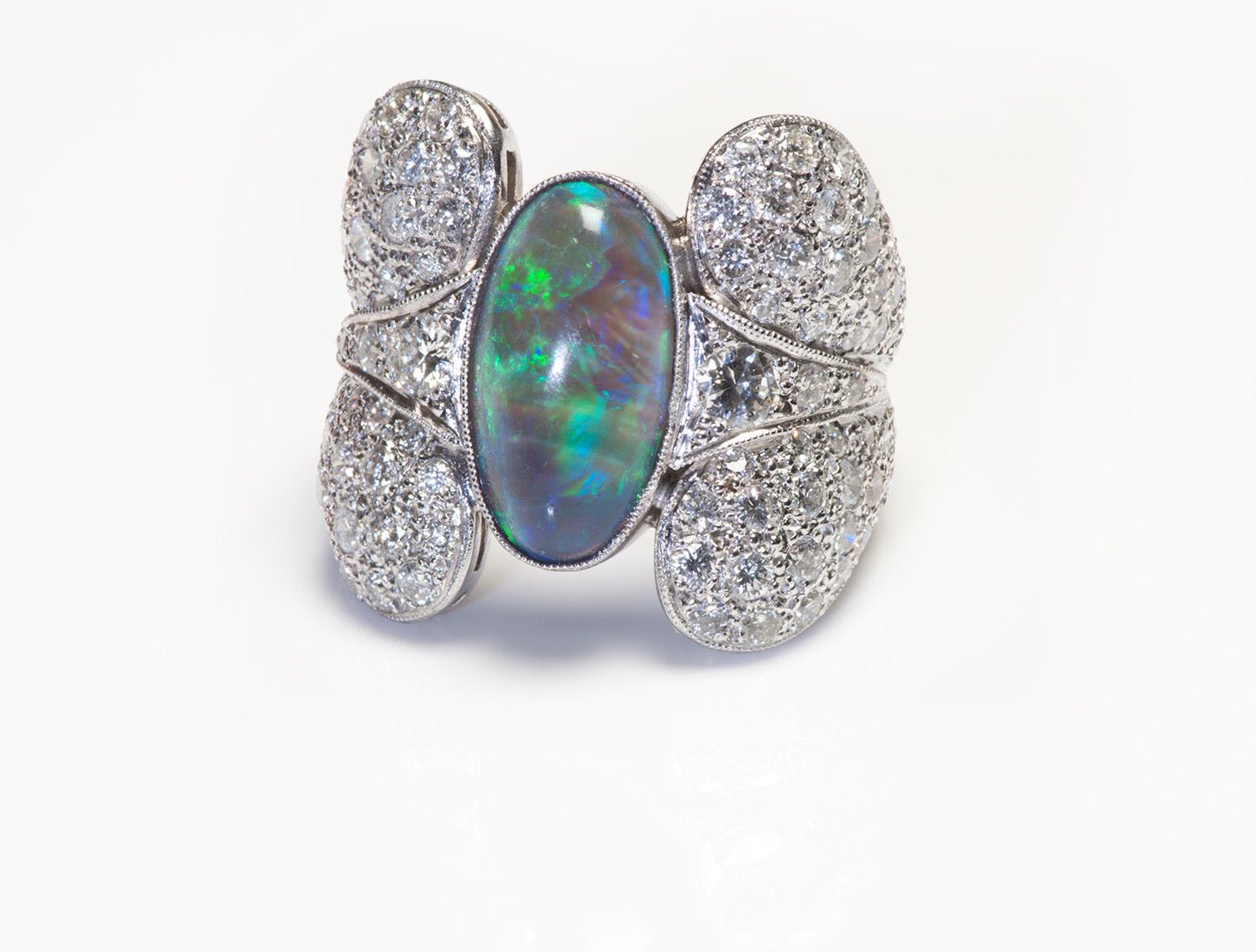 Black Opal Brilliant Cut Diamond Platinum Ring - DSF Antique Jewelry
