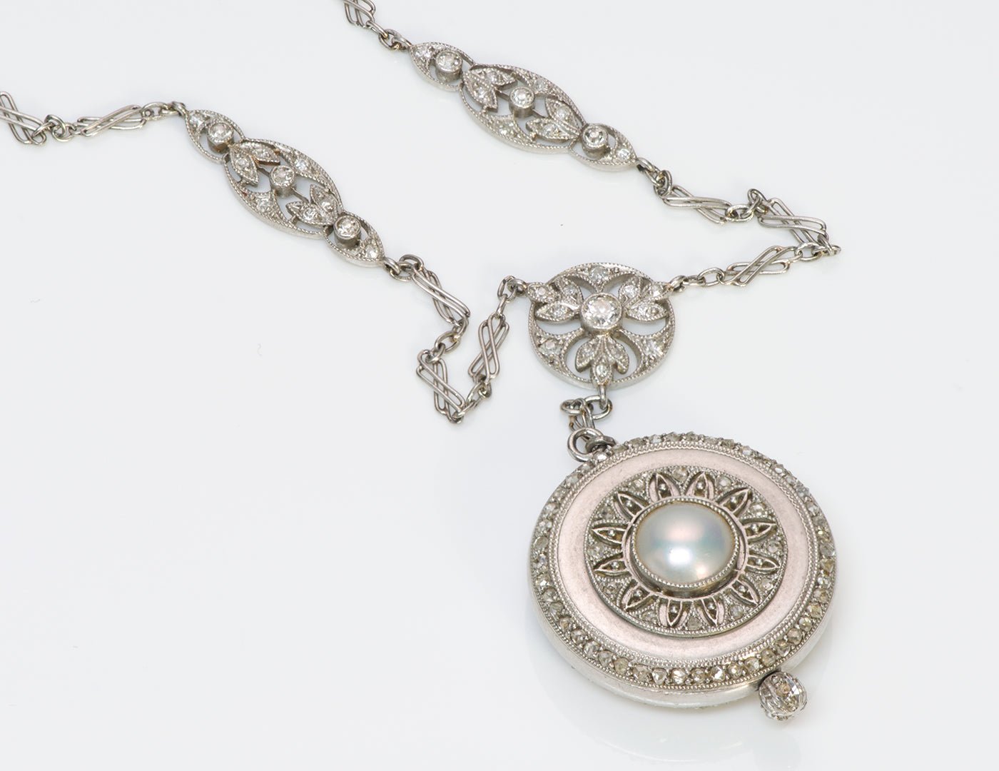 Black Starr & Frost Antique Edwardian Platinum Pearl Diamond Pendant Watch - DSF Antique Jewelry