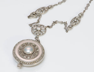 Black Starr Frost Antique Edwardian Platinum Pearl Diamond Pendant Watch