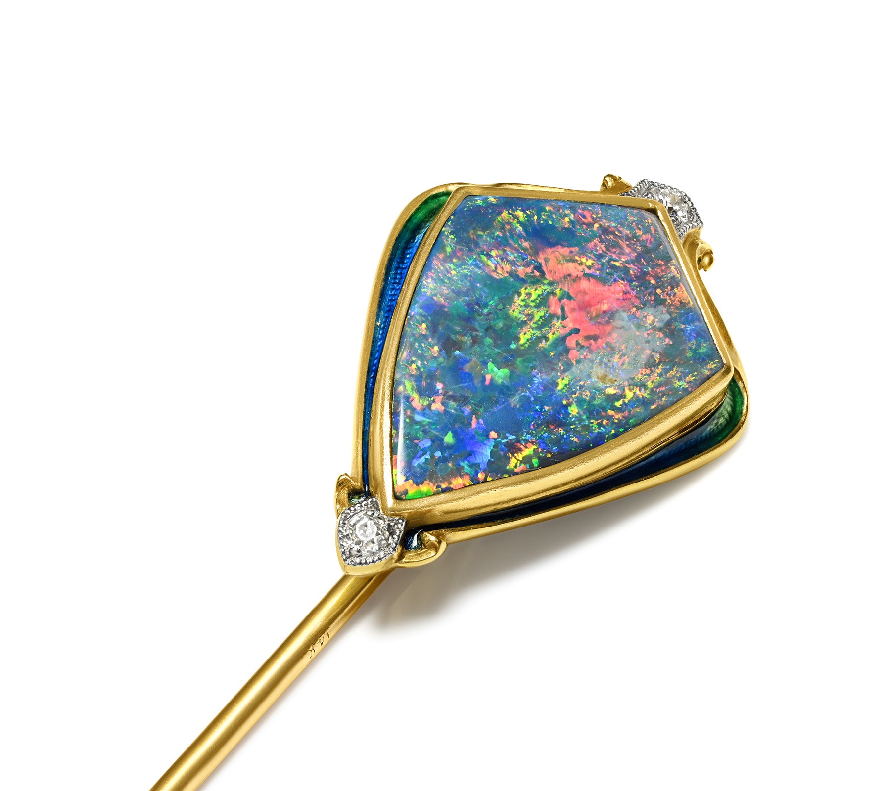 Black Opal Diamond Gold Stick Pin Art Nouveau